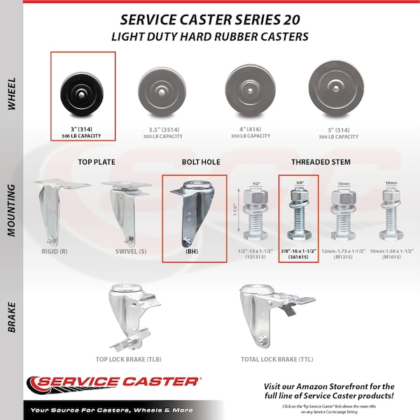 Service Caster 3 Inch SS Hard Rubber Wheel Swivel 3/8 Inch Threaded Stem Caster Brakes, 2PK SCC-SSTS20S314-HRS-381615-2-TLB-2 - main